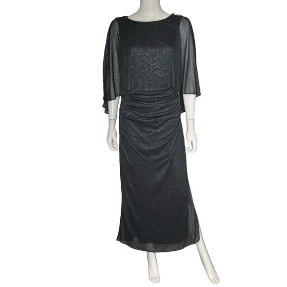 SL Fashions Women's Sparkle Mesh Capelet Ruched Gown Smoke Sz 8P Petite - Picture 2 of 9